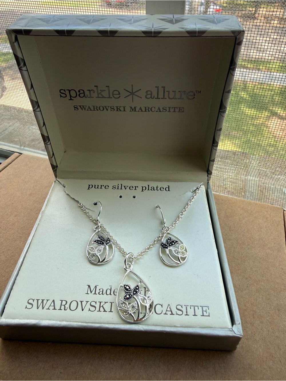 Sparkle Allure Silver Plated Black and Silver Teardrop Necklace & Earring Set